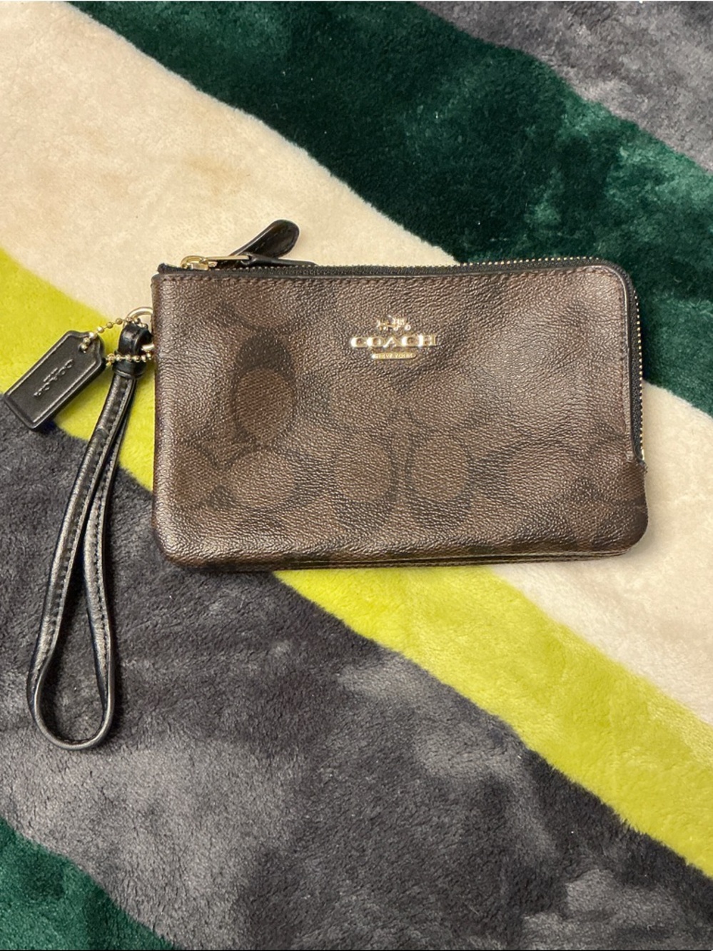 Coach Dark Double Zip Brown Signature Wristlet with Gold Logo